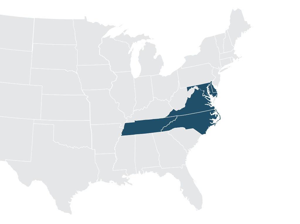 Map of US East Coast–Natelli Communities in DE, MS, NC and VA
