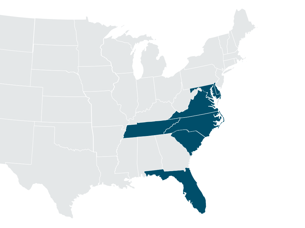 
Map of US East Coast–Natelli Communities in DE, MS, NC, SC, VA and FL